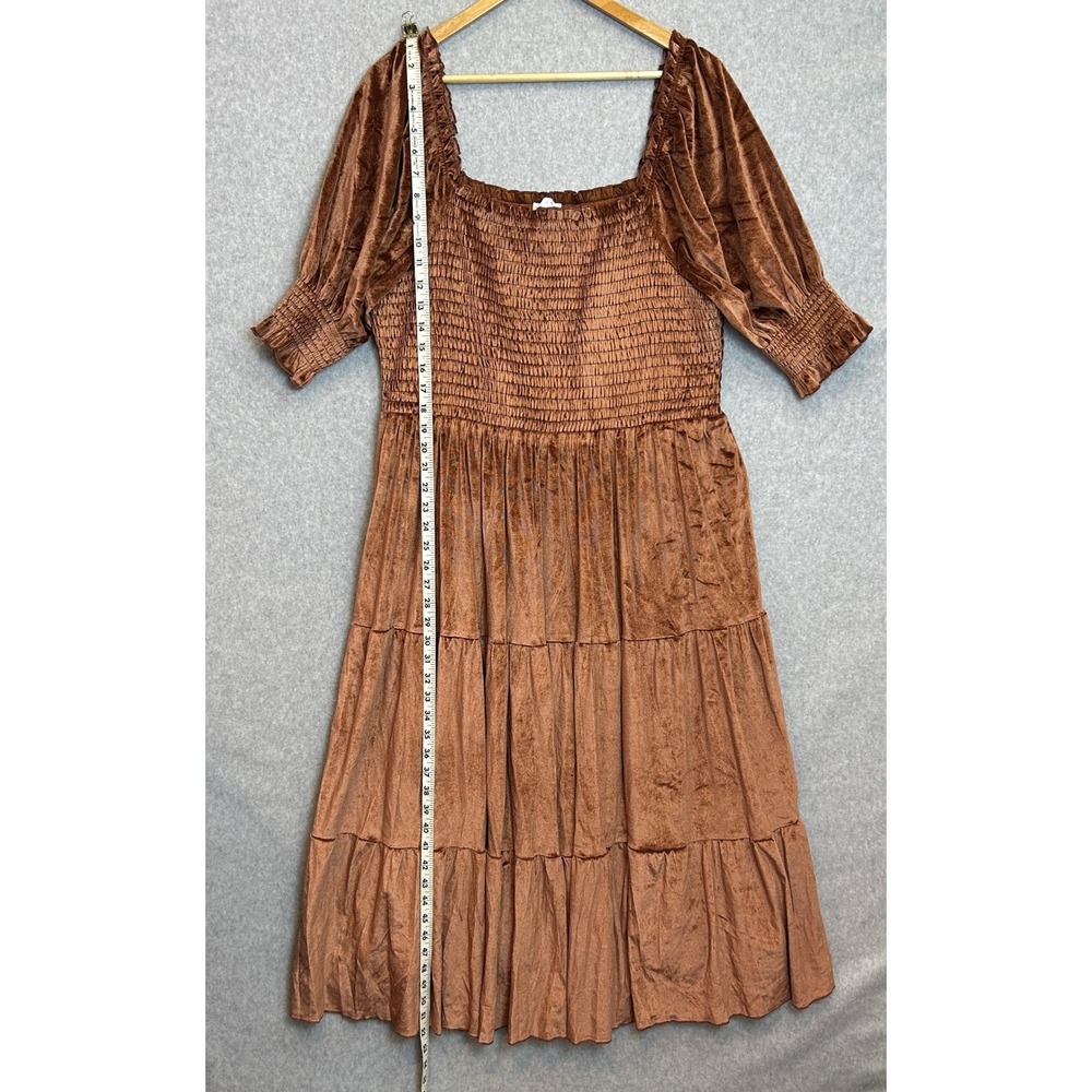Baltic Born Size 2XL Velvet Midi Dress Smocked Tiered Brown Romantic Autumn Boho - Picture 6 of 12
